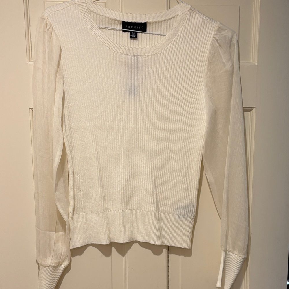Premise Cream Ribbed Knit Top with Sheer Long Sleeves